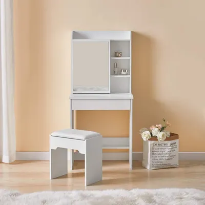 Productafbeelding van Make-uptafel met kruk, wit, 60 cm, van MDF, met spiegel en 7 opbergvakken