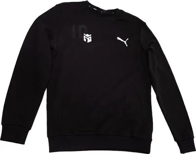 A black crew neck sweatshirt with white logos on the chest.
