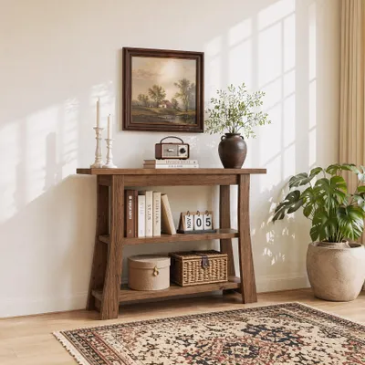 Produktbild von Wanbor Konsolentisch aus Massivholz mit Stauraum, schmaler, dreistufiger Konsolentisch im Landhausstil für Wohnzimmer, Flur oder Eingangsbereich