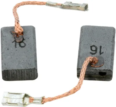 Two carbon brushes with copper wires and connectors, isolated on a white background.