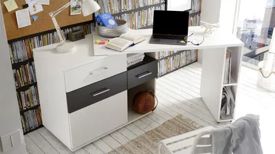 A modern home office or study room with a desk, chair, and bookshelf.