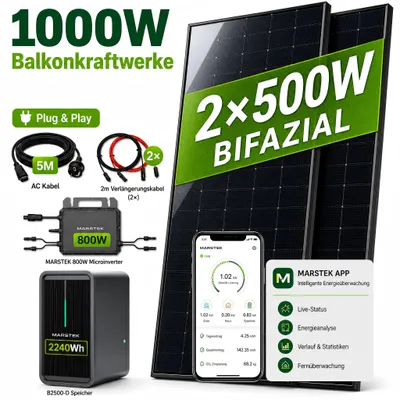 Produktbild von Balkonkraftwerk 1000W mit 2,24kWh Speicher, Marstek B2500-D, 2x500Wp bifaziale Solarmodule, 800W Mikrowechselrichter, 5m Anschlusskabel, Komplettset