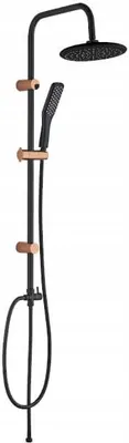 A black shower column with rose gold accents and a handheld showerhead.
