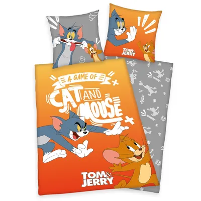 Produktbild von Herding Renforcé pościel dwustronna 2 szt.135x200cm Tom & Jerry Orange Anthracite Hunting zip