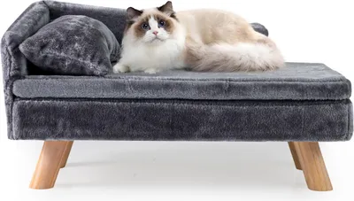 Zdjęcie produktu dla COSTWAY luksusowa sofa dla kota, podwyższone legowisko dla kota, kanapa dla kota z 2 wyjmowanymi poduszkami, oparciem i drewnianymi nogami, fotel dla kota sofa dla psa sofa dla zwierzaka szara