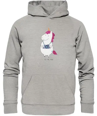 Produktbild von Mr. & Mrs. Panda Kuschelhoodie Einhorn Fotograf Größe M - Heather Grey - Geschenk, Kapuzenpulli, Statement-Hoodie, Weltenbummler, Kamera, Hoody, Sweatshirt, Pullover