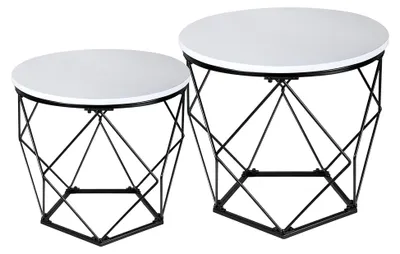 Produktbild von 2er Set Beistelltische, Wohnzimmertische mit Korbfunktion, runde Couchtische, Korbtische mit abnehmbarer Tischplatte, Metalltische für Wohnzimmer, Schlafzimmer, Büro, Weiß/Schwarz
