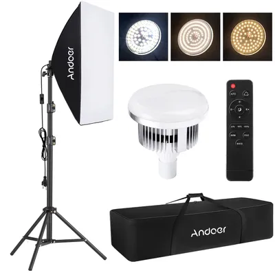 Produktbild von Andoer Studio-Fotografie-Lichtset, Softbox-Beleuchtungsset mit 85 W, 2800 K-5700 K, zweifarbigem Temperatur-LED-Licht * 1 + 50 x 70 cm Softbox * 1 + 2,1 m Lichtstativ * 1 + Fernbedienung * 1 + Tragetasche * 1 fuer Studioportraet, Produktfoto, Video