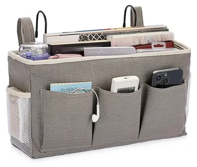 Image de Organiseur de lit suspendu - Toile - Gris - 38 x 12 x 27 cm - Pour tête de lit et table de chevet