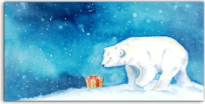 Immagine prodotto di Coloray, quadro acrilico 120x60. Dipinto su tela, raffigurante un orso polare che trova un regalo nella neve
