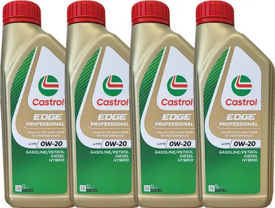 Four bottles of Castrol Edge Professional 0W-20 engine oil lined up.