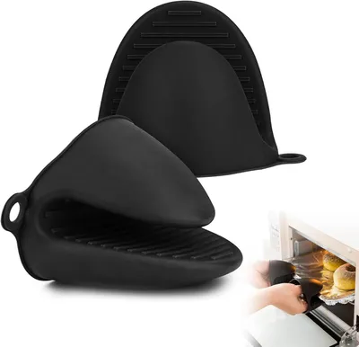Produktbild von Paar dicke Silikon-Küchenhandschuhe, hitzebeständig, rutschfest, zum Kochen/Grillen, schwarz
