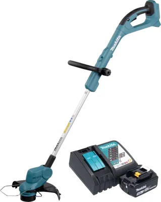 A cordless string trimmer and its charger and battery are displayed against a white background.
