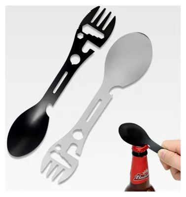 Produktbild von 2-teiliges Mehrzweck-Spork | Titan Campingbesteck für Papa | Göffel | Löffel | Schwarz und Weiß