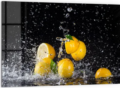 Produktbild von DEQORI Küchenrückwand Glas 60x40 cm 'Zitronen und Wasserperlen' Spritzschutz Bad Rückwand