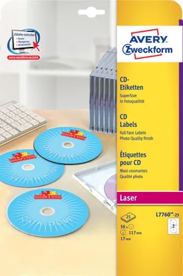 Image de Avery Zweckform L7760-25 Étiquettes de CD, Ø 117 mm, 25 feuilles/50 étiquettes, blanc