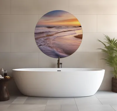 Produktbild von Wallario wasserfestes Poster selbstklebend 90 x 90 cm, Sonnenuntergang am Strand - Abendspaziergang, Badezimmerposter Spritzschutz mit Hochglanzoberfläche in Glasoptik