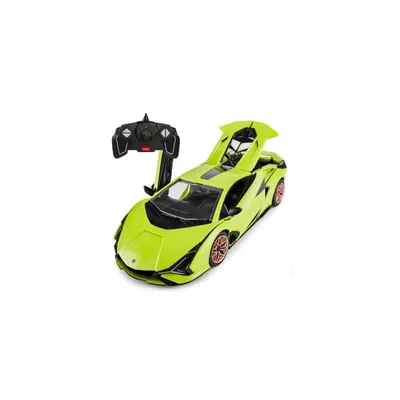 A bright green remote-controlled Lamborghini Sian car with its doors open, shown with its remote control.