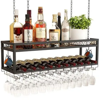 Image de DFENG Casier à vin suspendu au plafond, réglable en hauteur, avec porte-verres, chaîne en fer, étagère suspendue à 2 niveaux réglable, style industriel, casier de rangement pour bars, restaurants, cuisines et cafés