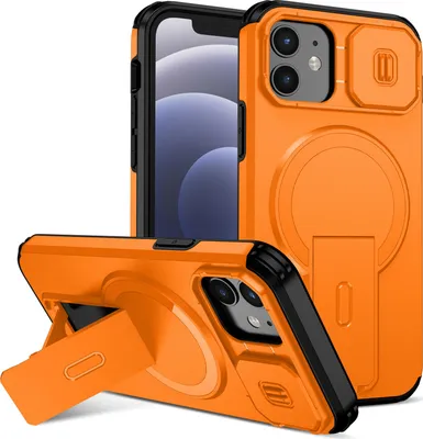 Obrázek produktu pro Magnetické pouzdro pro iPhone 12/iPhone 12 Pro, dvouvrstvé odolné pouzdro s posuvnou ochranou fotoaparátu a nastavitelným stojánkem Oranžová