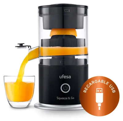 Produktbild von Zitruspresse Ufesa Squeeze & Go, elektrisch, mit USB-C-Aufladung, tragbar – für Orangen, Zitronen und Limetten, 1500 mAh Akku, 220 ml Fassungsvermögen, BPA-frei