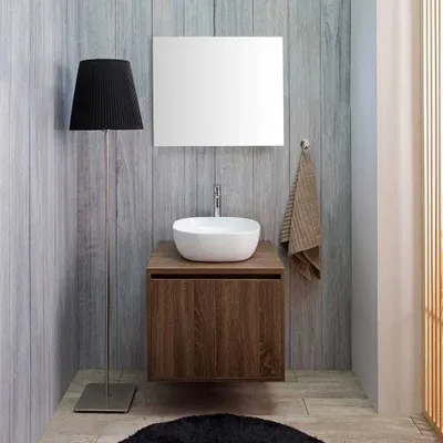 Produktbild von Möbelset für das Bad in Nussbaum-Holzoptik mit Aufsatzwaschbecken und Spiegel, 60cm | Siena