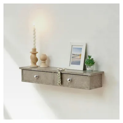 Produktbild von Wandregal Geeste Nachttisch hängend mit 2 Schubladen, Wandmontage, 60 x 15 x 10 cm, Betonoptik, hell