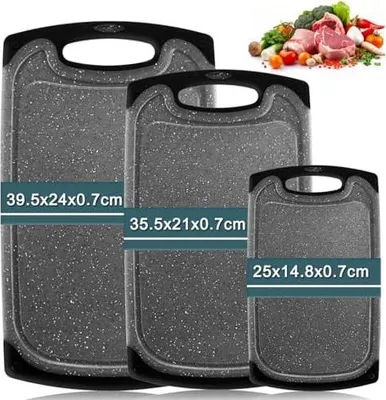 Produktbild von Schneidebrett Kunststoff, Hunnycook 3-teiliges Schneidebrett Set mit Saftschacht und Rutschfestem Silikon, Schwarzes antibakterielles schneidebrett/Plastik-Frühstücksbrett, BPA-frei, spülmaschinenfest