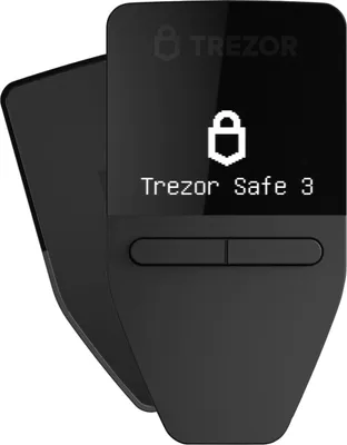 A black Trezor Safe 3 hardware wallet is shown against a black background.