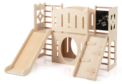 Image de Aire de jeux intérieure en bois 8 en 1 avec toboggan et échelle