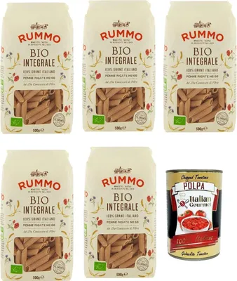 Produktbild von Rummo Pasta Integrale Penne rigate N° 66, Vollkornnudeln Nudeln Vollkorn Italienische Pasta 5x 500g + Italian Gourmet polpa 400g