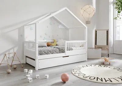 Produktbild von TIMBEE MURLO Box Hausbett Kinderbett Holz Bett mit Schublade - Weiß - 70x140cm