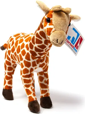 A plush toy giraffe standing on a white background.