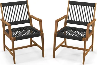 Two outdoor chairs are shown against a white background.
