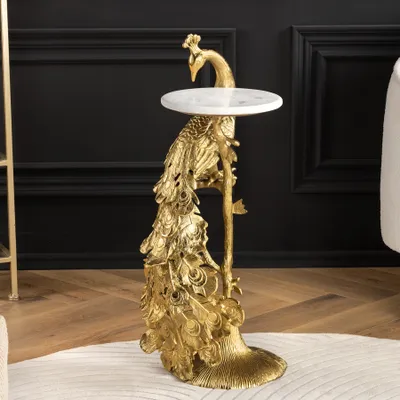 Produktbild von riess-ambiente Beistelltisch WILDLIFE PEACOCK 75cm weiß gold Metall Marmor Pfauen-Skulptur antik rund