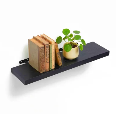 Produktbild von Relaxdays Wandregal, HxBxT: 4 x 80 x 23 cm, Holzoptik & Metall, Bücher, Deko, Wandbrett Wohnzimmer, Flur, Küche, schwarz
