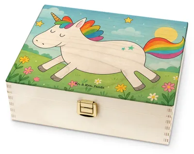 Produktbild von Mr. & Mrs. Panda Teebox Einhorn Happy Design - Weiß - Geschenk, Teedose, Einhörner, Spaß, Unicorn, Lachen, Tee Aufbewahrung, für Paare, Freude, holz, Box