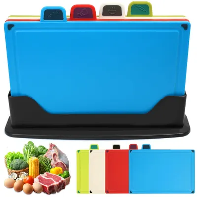 Image de Lot de 4 planches à découper en plastique, 30 x 20 cm, avec support, lavables au lave-vaisselle, en PP, sans BPA, antidérapantes, pour les fruits, les légumes et la viande