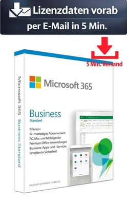 Produktbild von Microsoft 365 Business Standard (1 User + 15 Device - 1 Jahr) ESD Büro Business 5 Min. Versand als Download per Mail