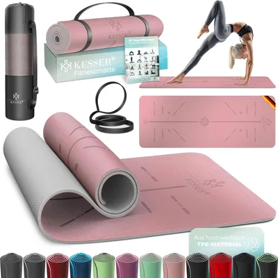 A collage of images showcasing a pink yoga mat and its accessories, including a carrying case, straps, and a poster with yoga poses. One image shows a woman performing a yoga pose on the mat.