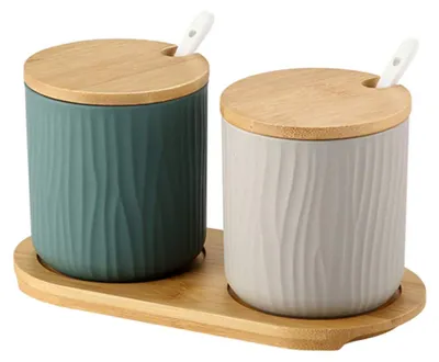 2er-Set Keramik-Gewürzdosen mit Löffel & Deckel, 300 ml