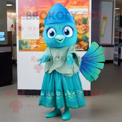 Produktbild von Blaugrüner REDBROKOLY Betta-Fisch Maskottchen Kostüm charakter gekleidet mit einem Wickelrock und Geldbörsen
