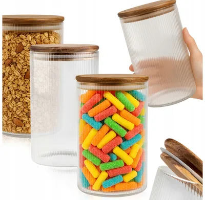 Zdjęcie produktu dla SuperButelki - Zestaw pojemników szklanych, 3x 1000ml, ryflowany, z zakrętką z drewna akacjowego, do przechowywania, uniwersalne 3 sztuki x 1l