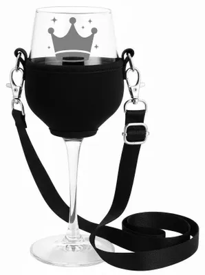 Produktbild von Valhalla 1x Weinglas mit Weinglashalter zum umhängen schwarz königliche Gravur 350ml
