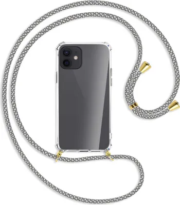 Produktbild von Handykette Backcover-Schutzhülle mit Band (Metall goldfarben) für Apple iPhone 12, 12 Pro - weiß/grau kariert