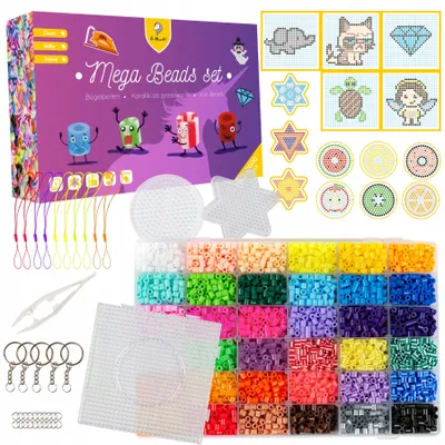 A collage of a craft bead set, including the packaging, beads, and accessories.