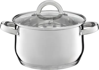 A stainless steel pot with a glass lid and handles, shown from the front on a white background.