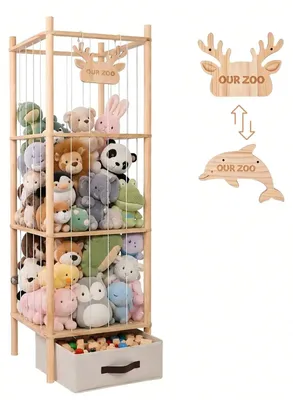 Immagine prodotto di Contenitore per peluche - Grande scaffale verticale per peluche - Con scatola portaoggetti - In legno - 40 cm di larghezza - Etichette intercambiabili