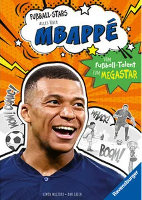 A book cover featuring a portrait of Kylian Mbappé with comic-style graphics and text.