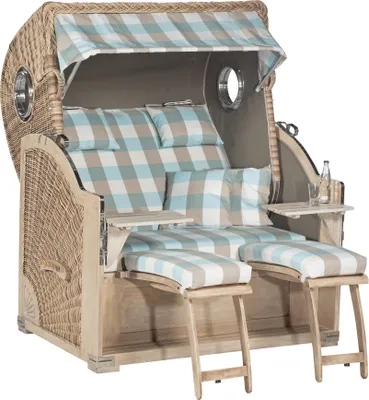 Produktbild von Gartenstrandkorb 500 PLUS-COMFORT 2-Sitzer XL mit Bullaugen, 3/4-Liegemodell, KS-Rundgeflecht antik-weiß, Mahagoniholz smoke-white,ca. 140/160/95 cm